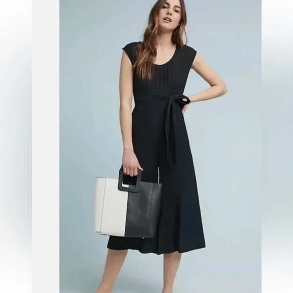 Anthropologie Black Abbey Crepe Wide Leg Jumpsuit Tie Waist Cocktail Size 6 - Picture 12 of 13